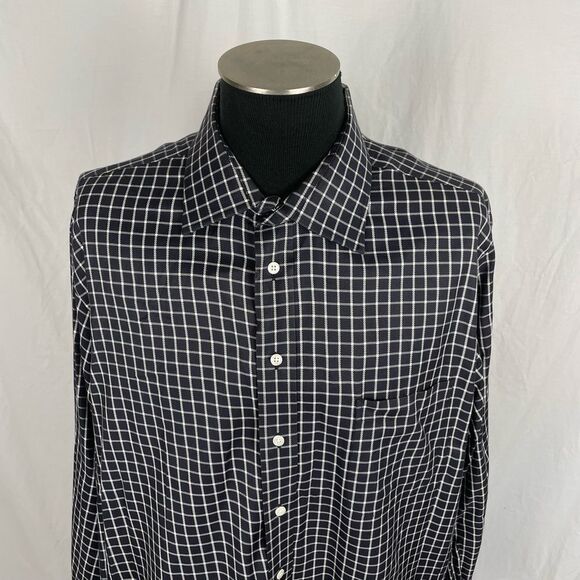 Paul Fredrick Checked Two Ply Cotton Dobby Button Down Shirt - Men’s 18.5 - Picture 4 of 5